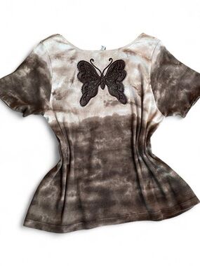 Y2K Butterfly Embellished Tie-Dye Women's Top - Brown